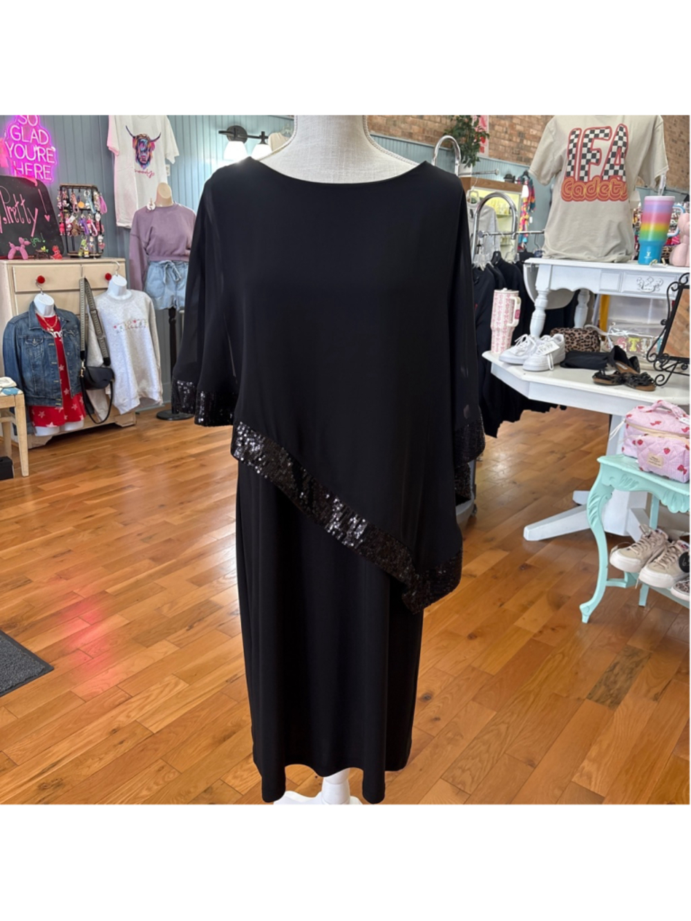 R&M Richards Black Sequin Overlay Dress Size 14